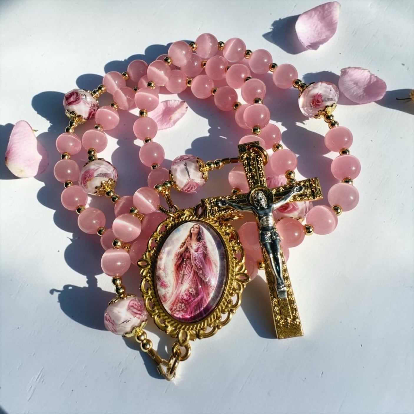 Pink Cat Eye Marian Rosary