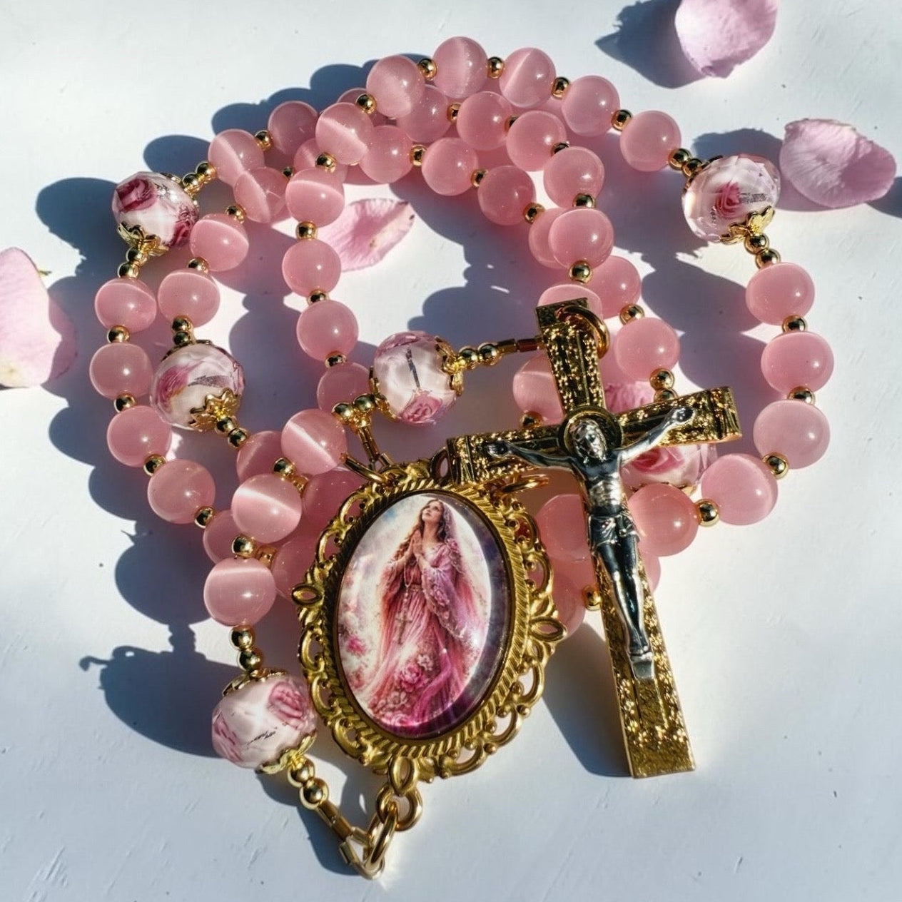Pink Cat Eye Marian Rosary