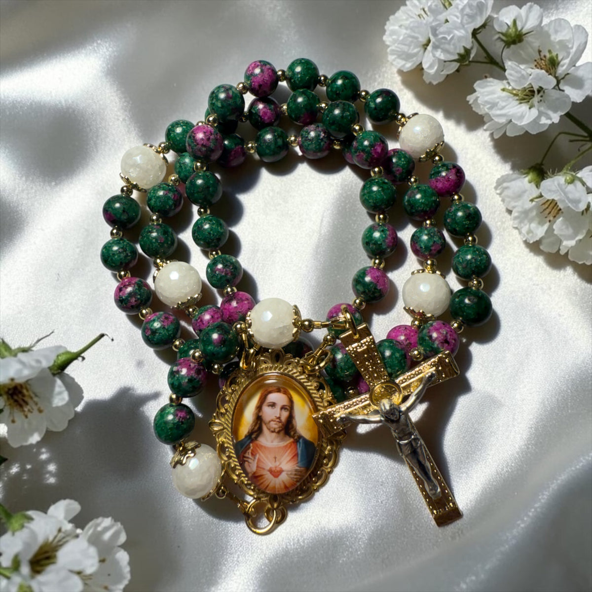 Green Sacred heart of Jesus stone rosary