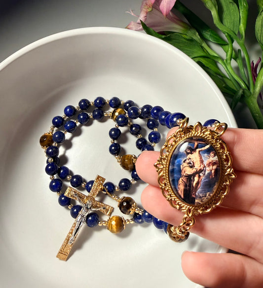 Blue Saint Francis rosary ~ lapis lazuli & tiger eye beads