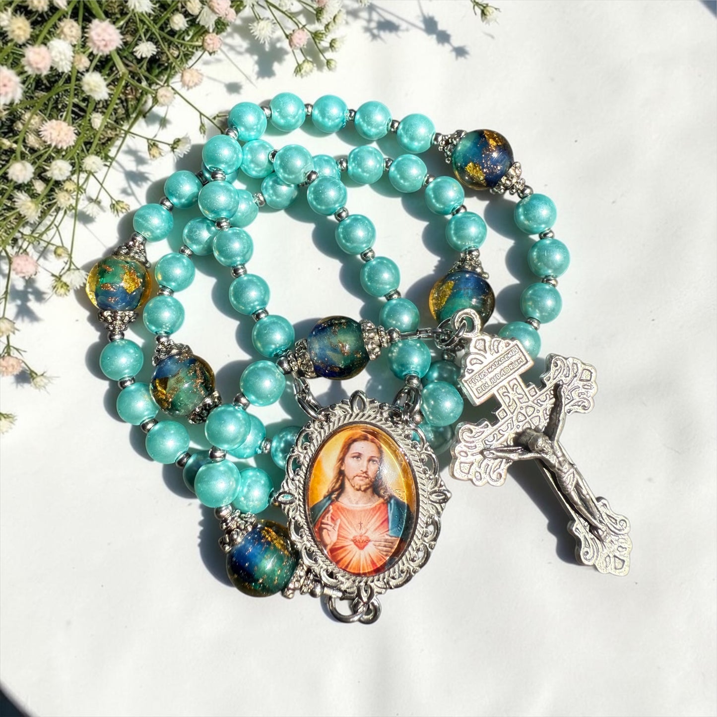 Sacred heart of Jesus rosary ~ soft turquoise