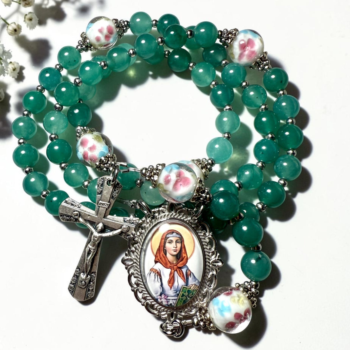 Saint Dymphna Rosary - Green jade beads