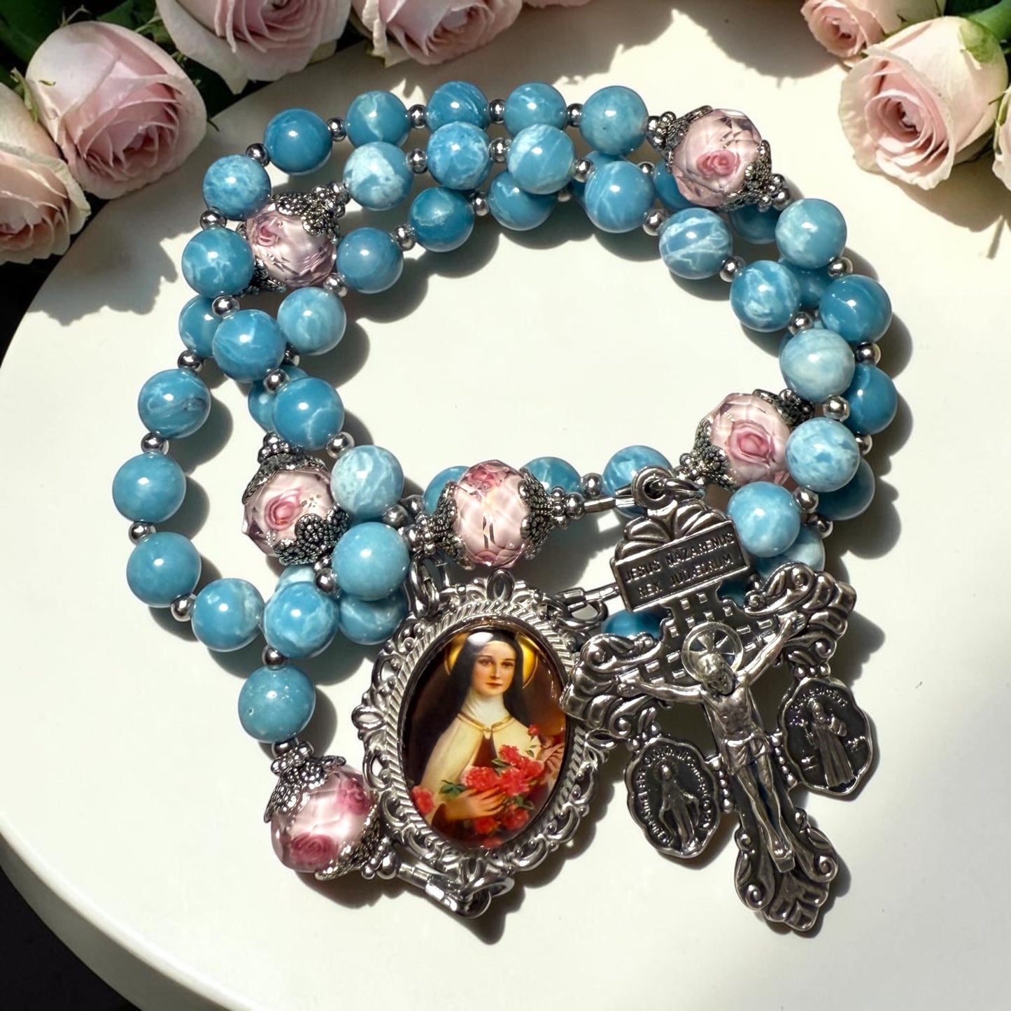 Saint Therese of Lisieux Rosary - Larimar beads