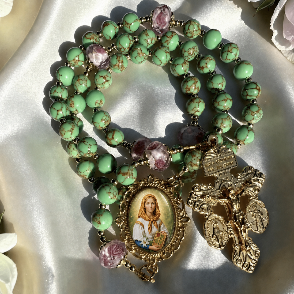 Saint Dymphna green howlite rosary