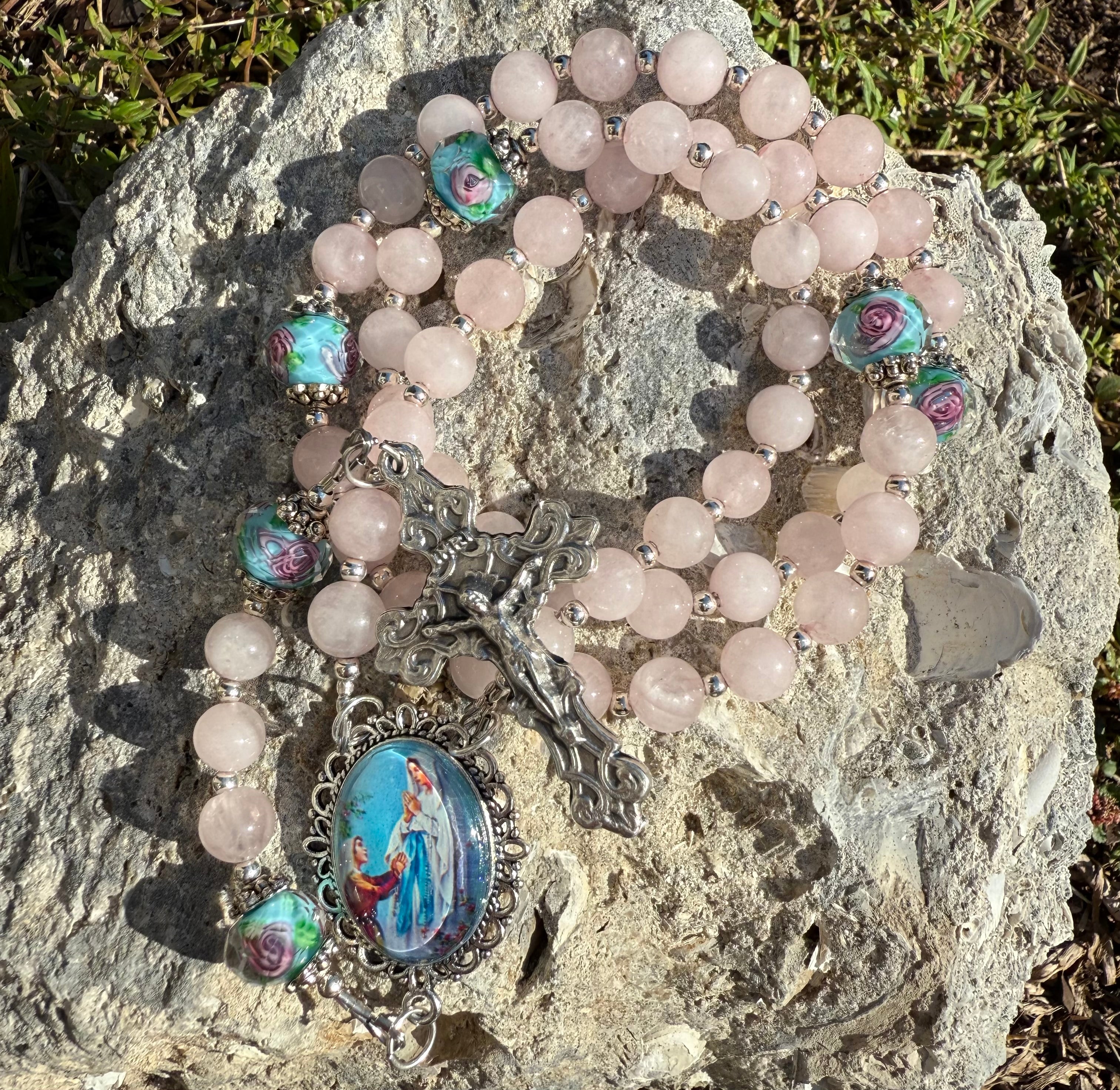 Our Lady of Lourdes rose quartz rosary