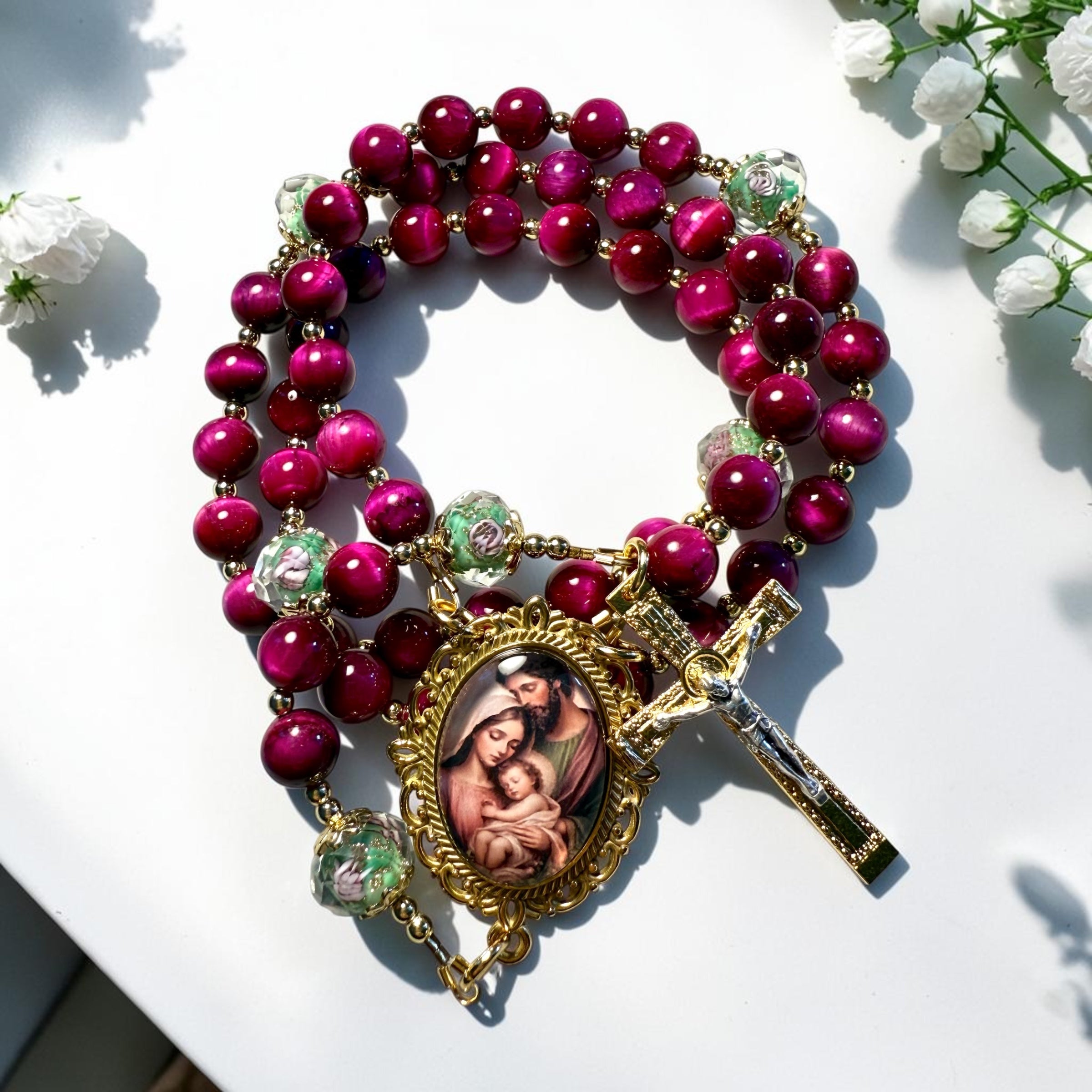 Holy Family rosary- pink tiger eye