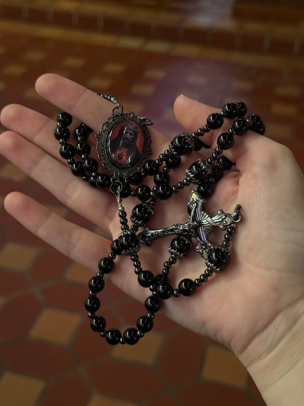 Black Sacred Heart of Jesus ~ Gunmetal rosary