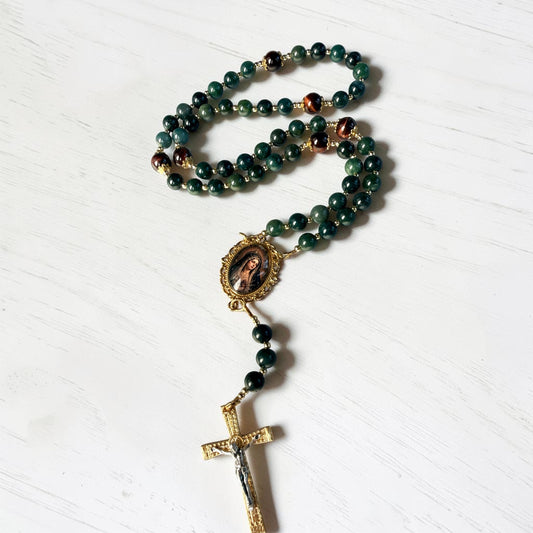 Green Our Lady of Sorrows Chaplet ~ moss & tiger eye beads