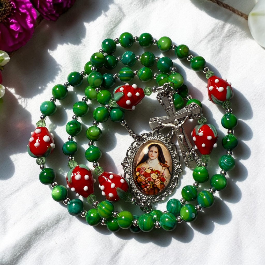 Saint Therese of Lisieux rosary- green shell