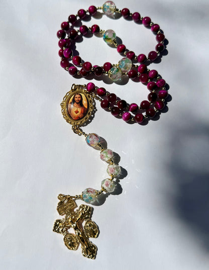 Sacred Heart of Jesus with pink tiger eye beads
