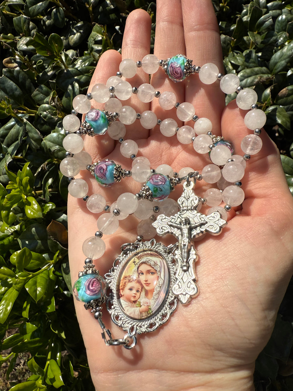 Madonna and Child Rose Quartz Rosary