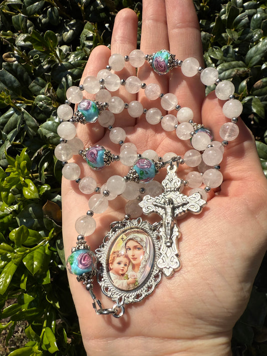 Madonna and Child Rose Quartz Rosary