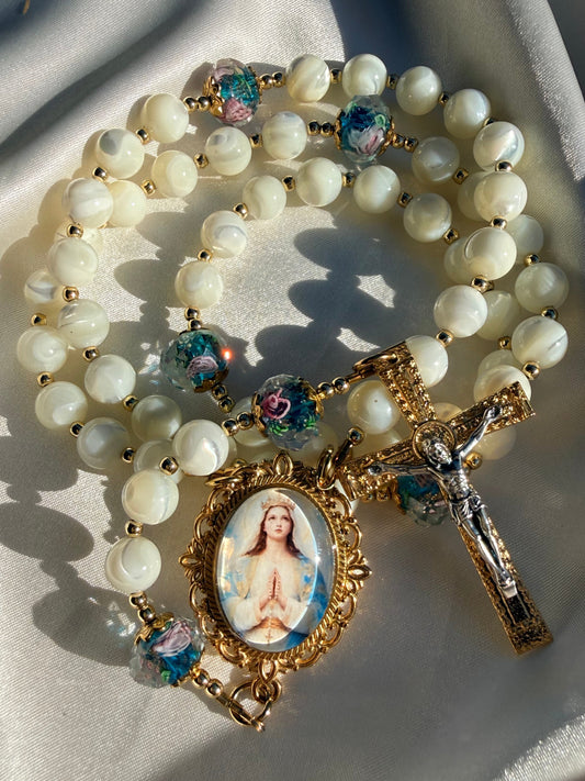 Our Lady of the rosary 🩵 ~ white mother of pearl rosary
