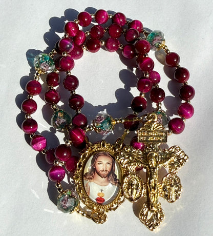 Beautiful Sacred Heart of Jesus ~ magenta tiger eye