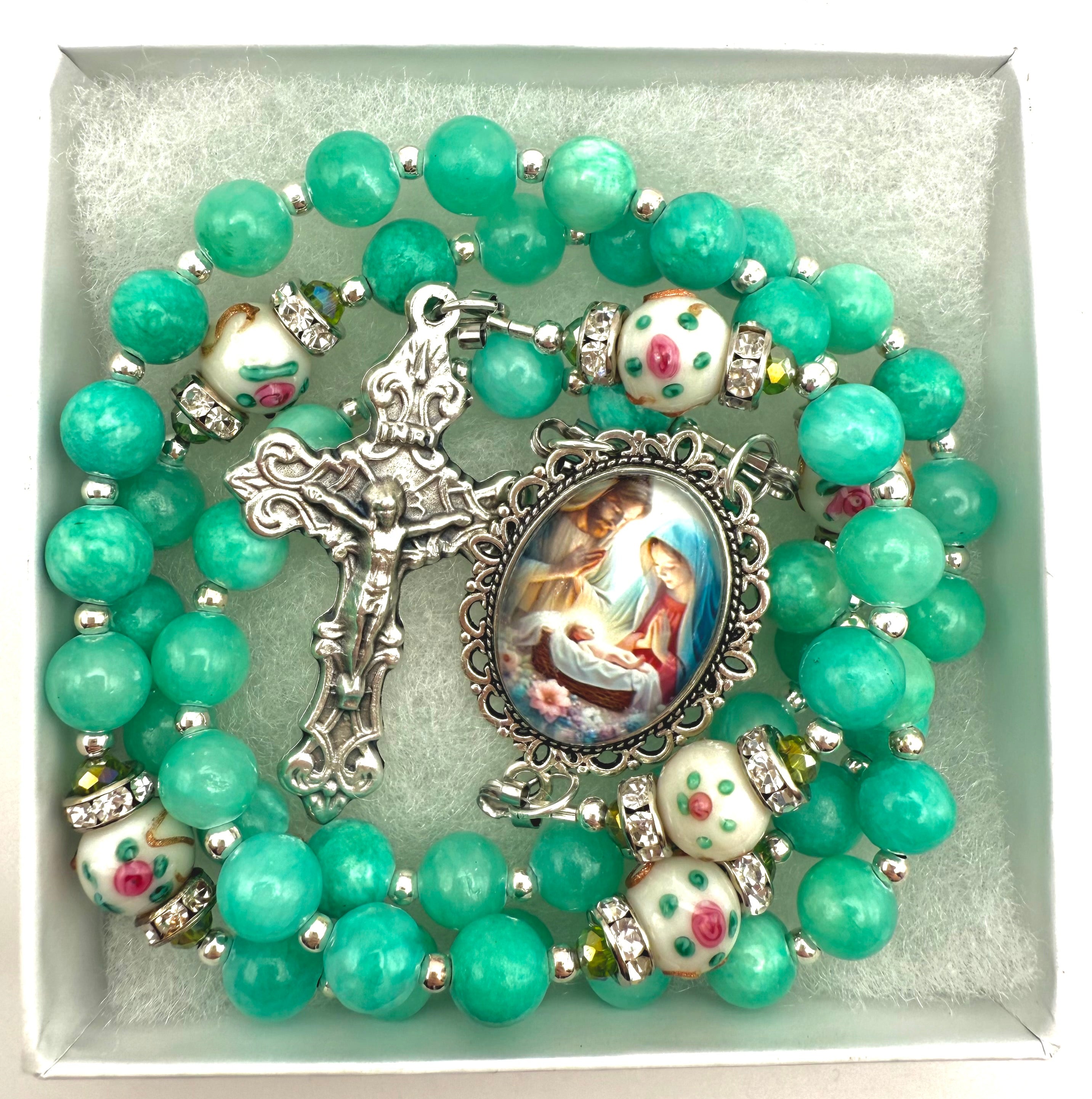Green quartz Holy Family rosary