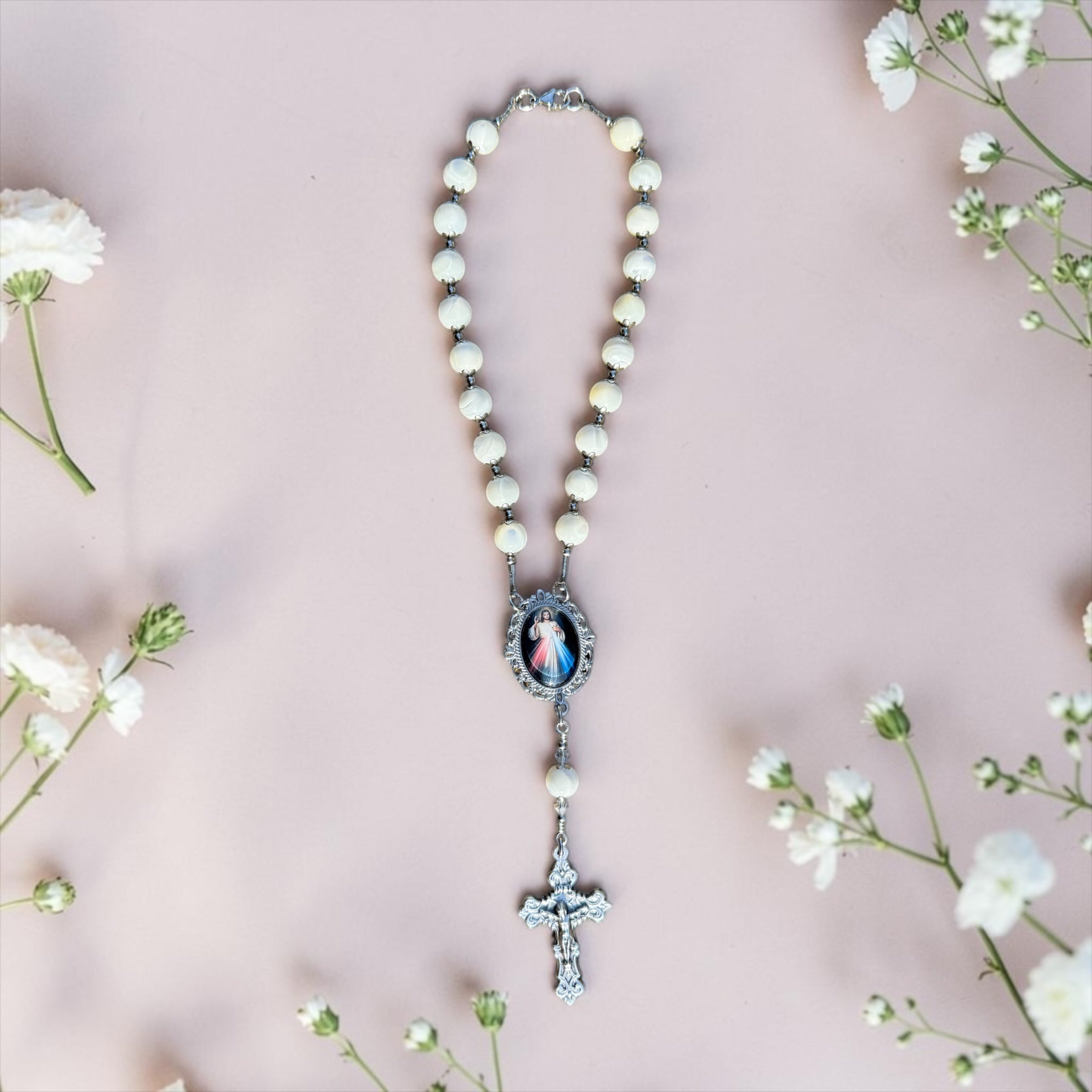 White Mother of Pearl Car Rosary