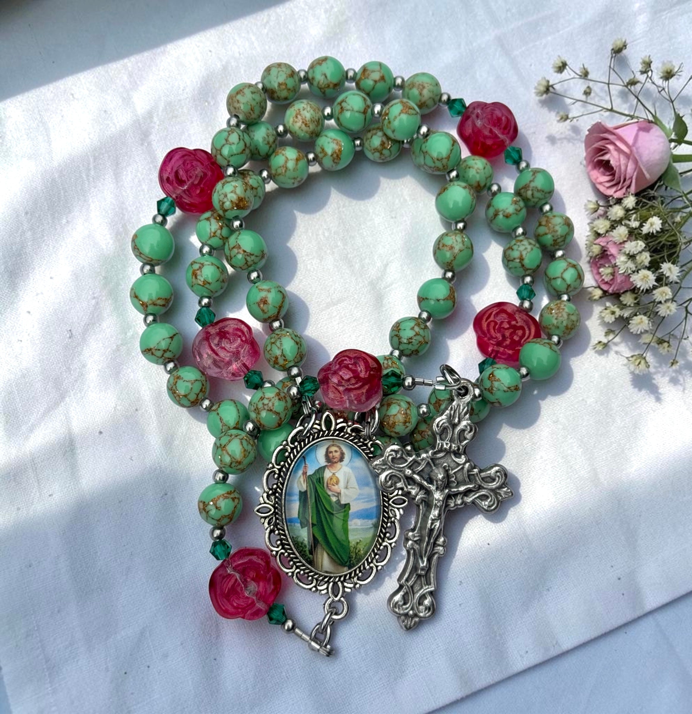 Saint Jude Rosary - green marble