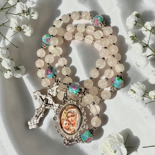 Madonna and Child Rose Quartz Rosary