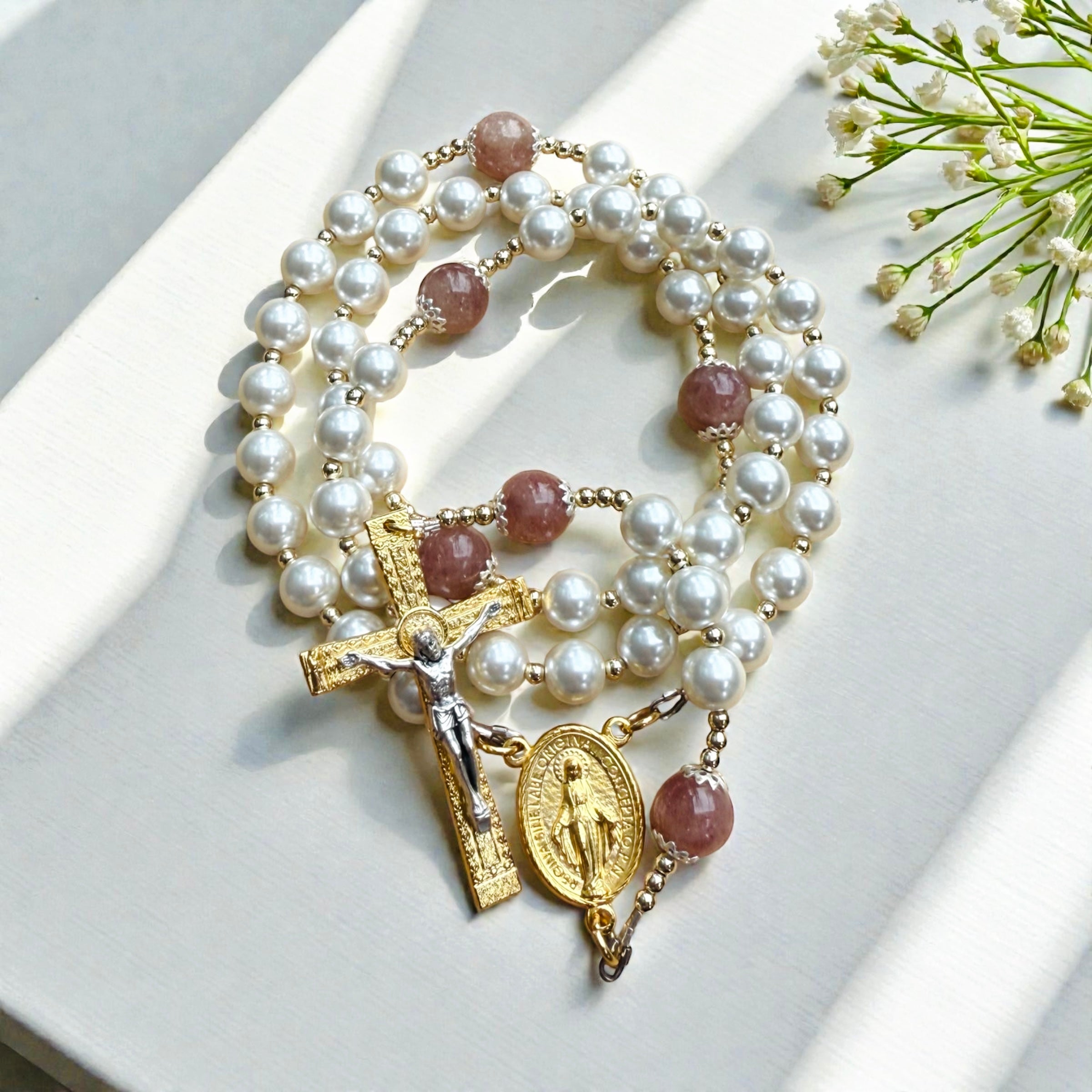 Cherry Quartz Gold Rosary