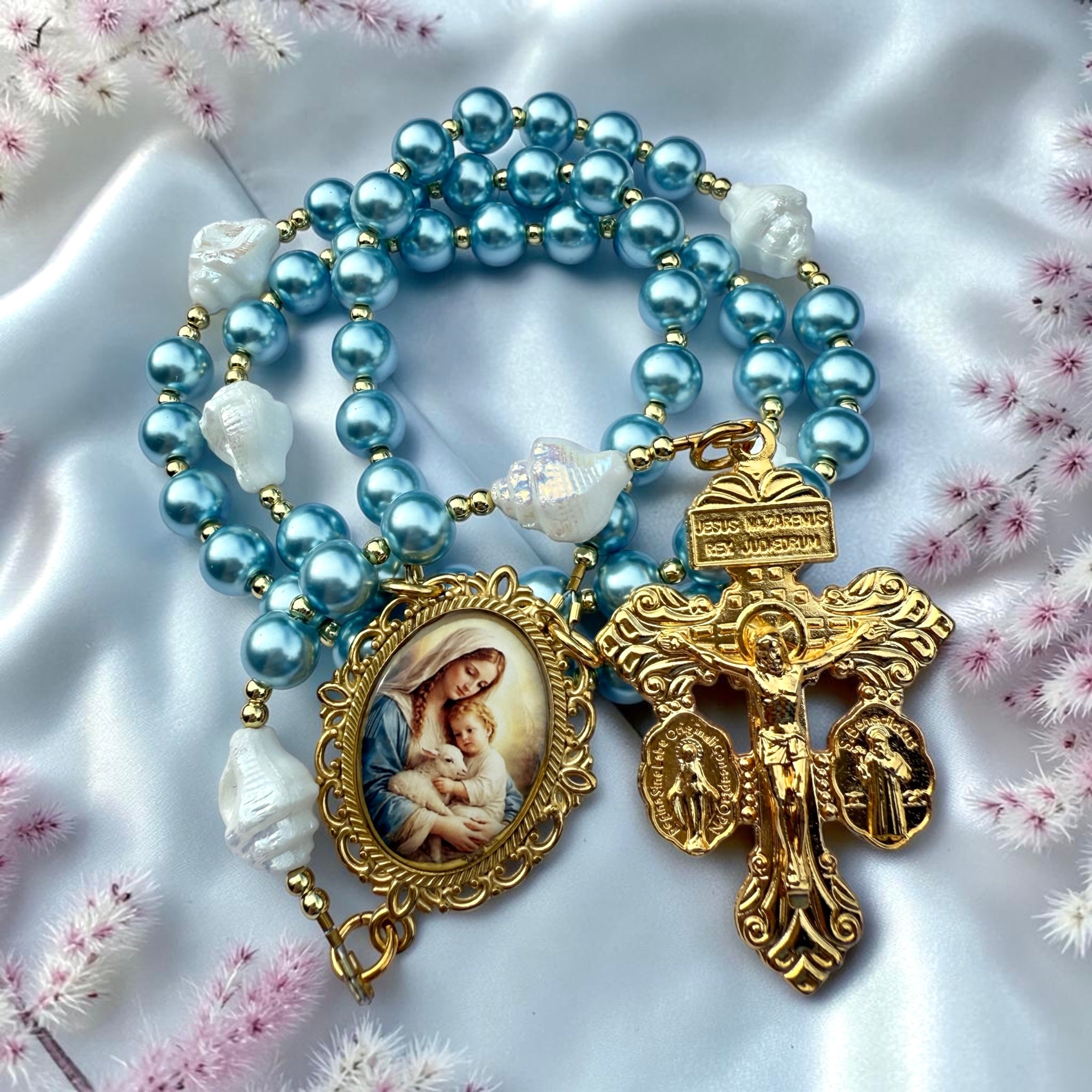 Angelic Madonna and Child blue Pearl rosary