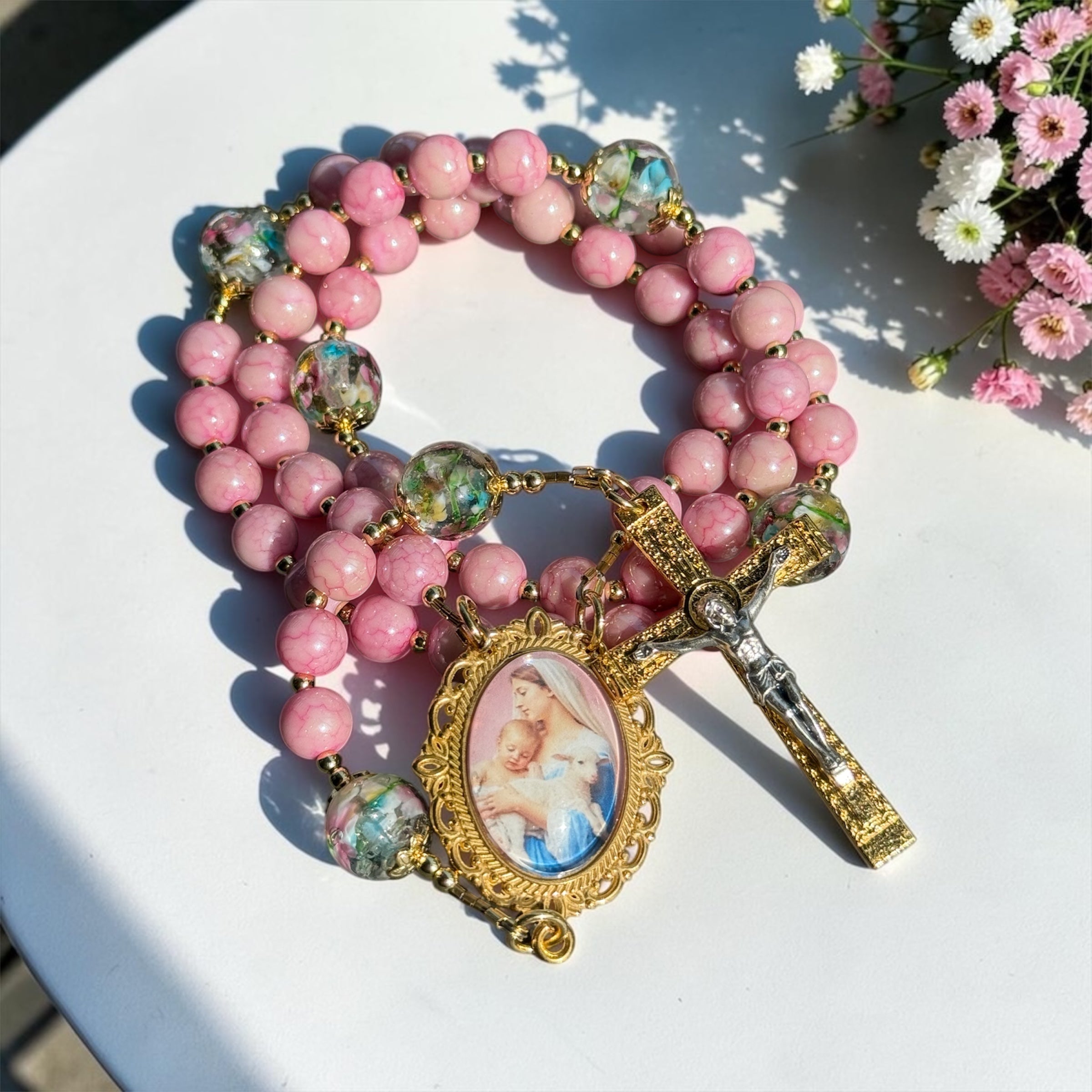 Mary and Jesus Pink marble rosary