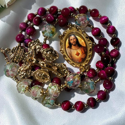 Sacred Heart of Jesus with pink tiger eye beads