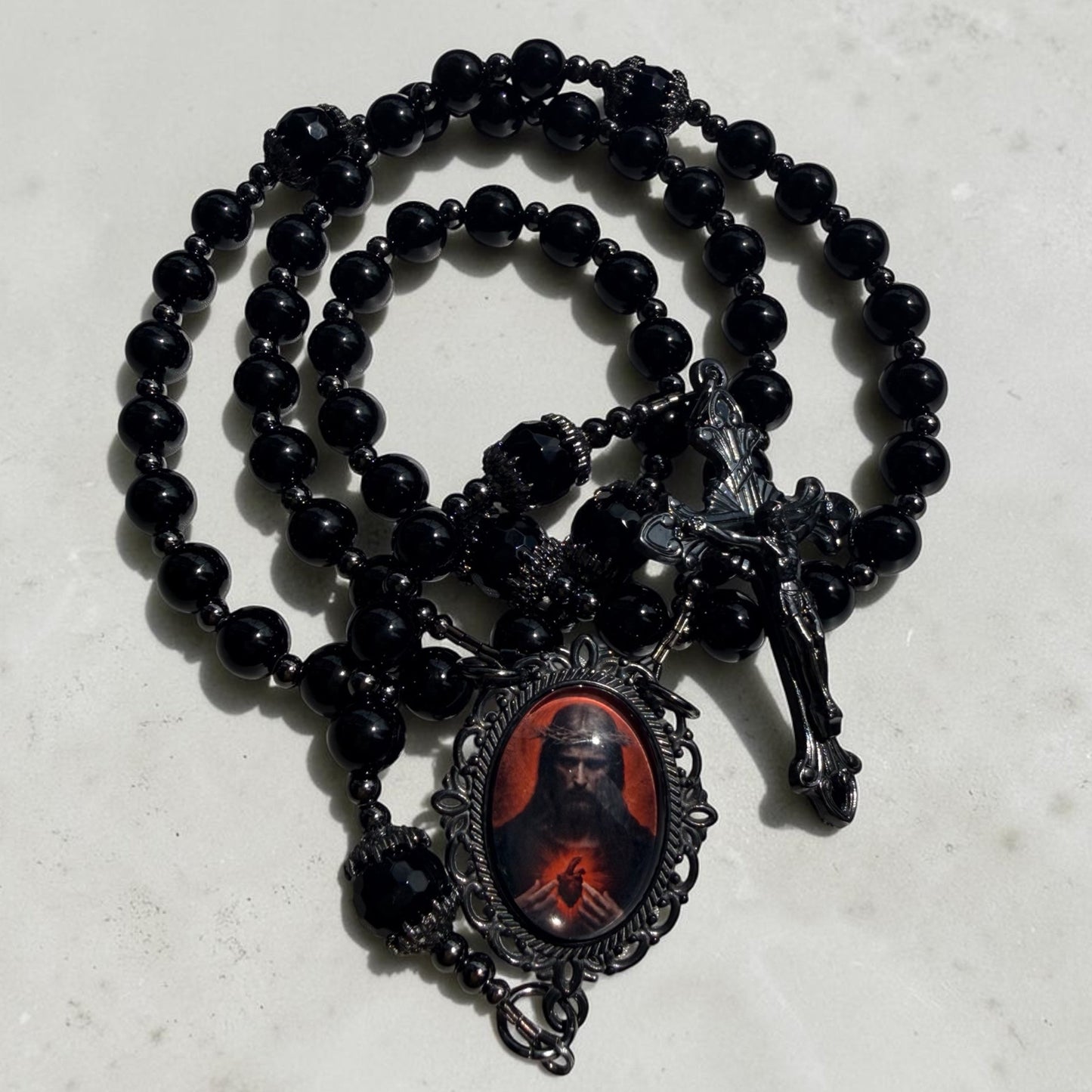 Black onyx Sacred Heart rosary 📿