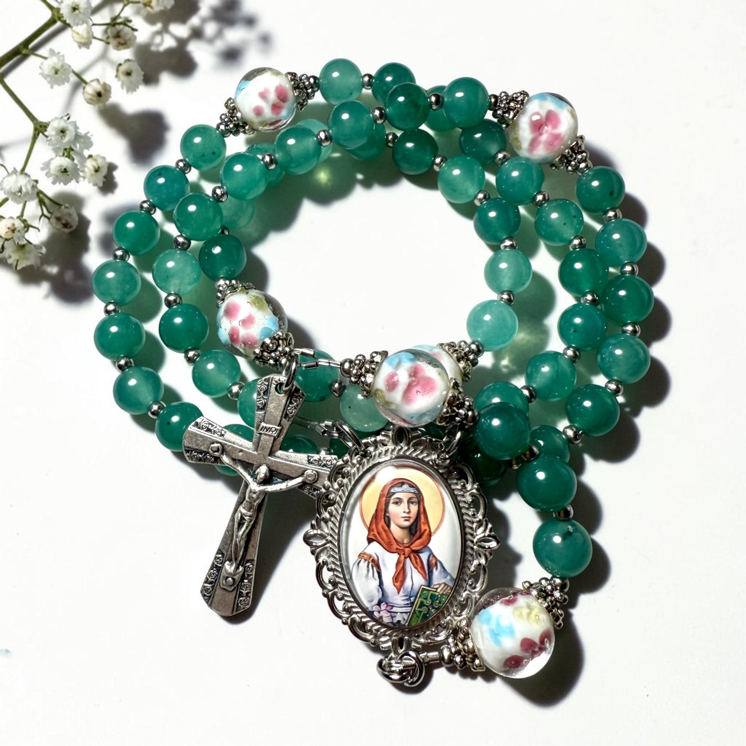Saint Dymphna Rosary - Green jade beads