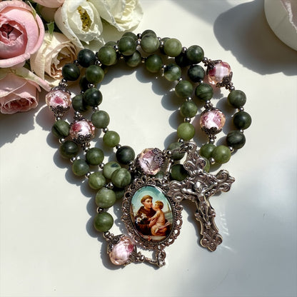 Saint Anthony Rosary ~ Green jade beads