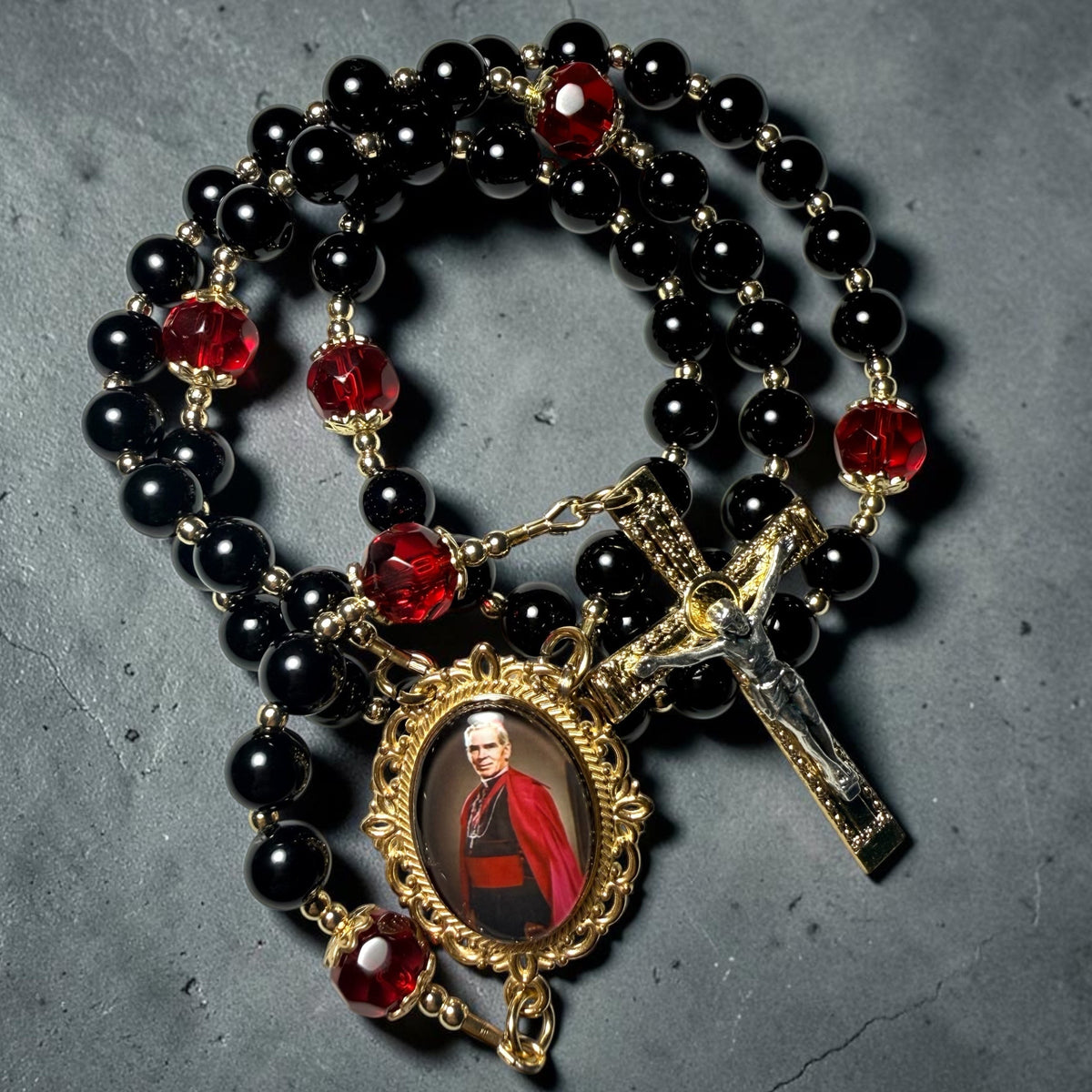 Black and red Fulton Sheen Rosary | Black Onyx gold plated
