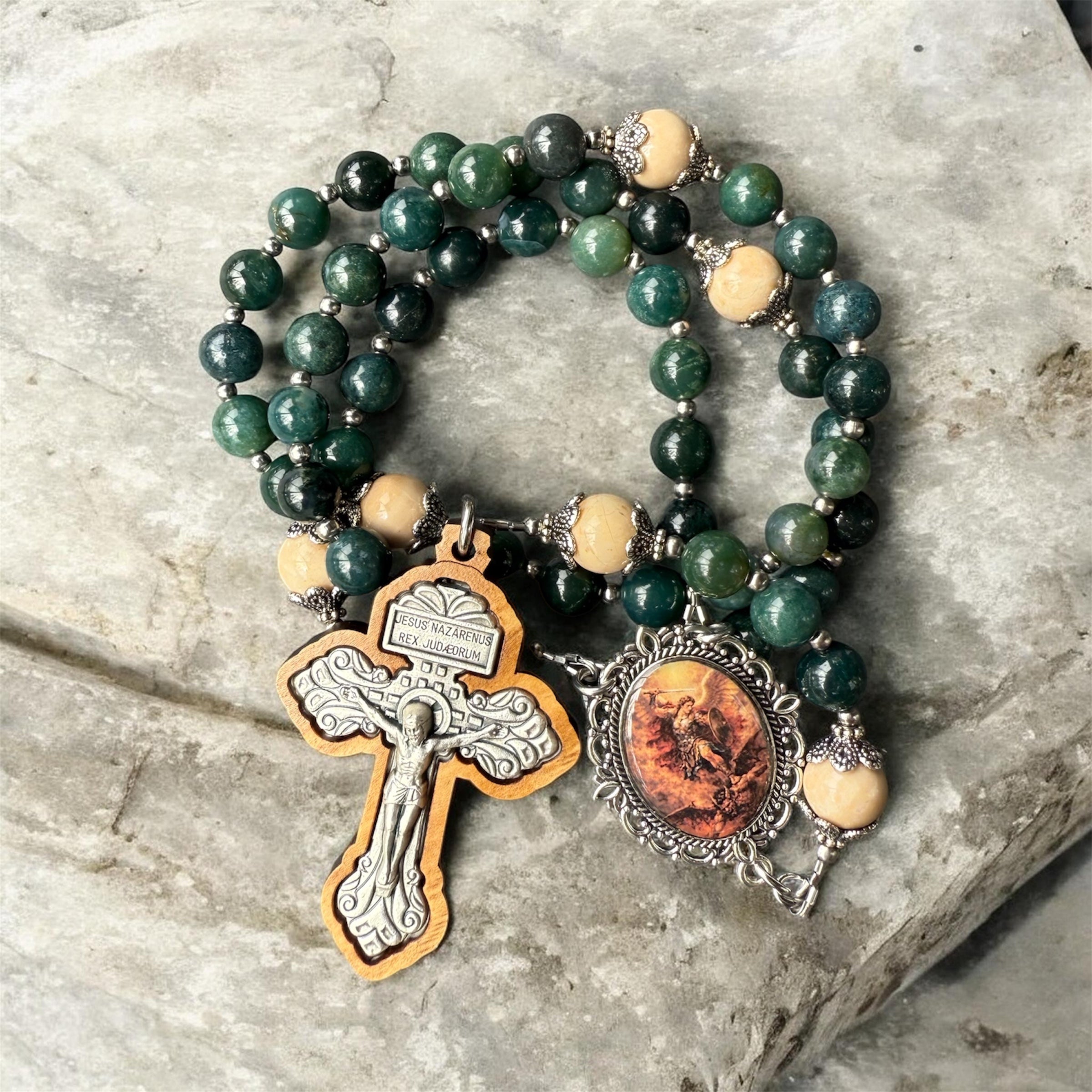 Saint Michael Rosary with moss beads