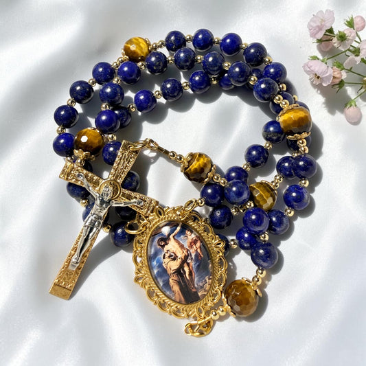 Blue Saint Francis rosary ~ lapis lazuli & tiger eye beads