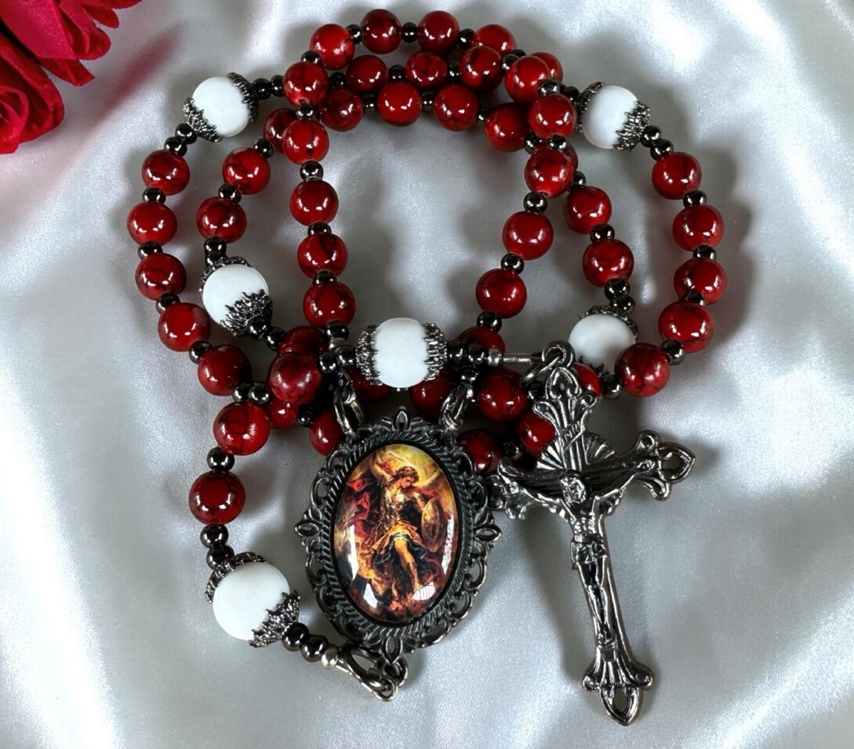 Saint Michael Rosary - dark red quartz