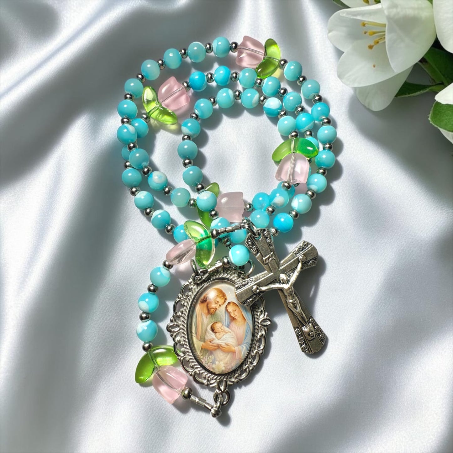 Dainty Holy Family Rosary ~ mother of pearl beads