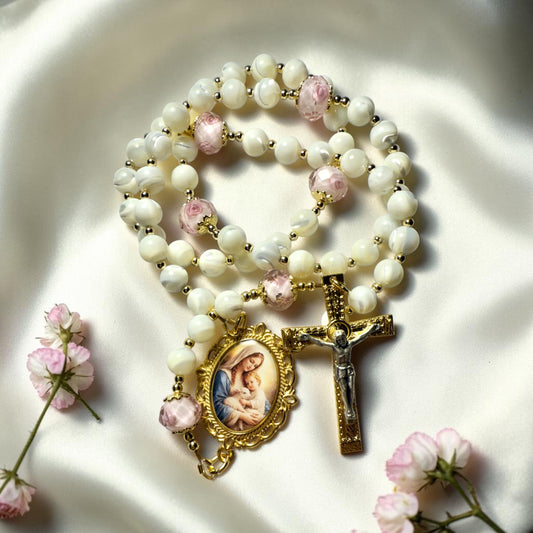 Madonna and Child ~ white and pink rosary