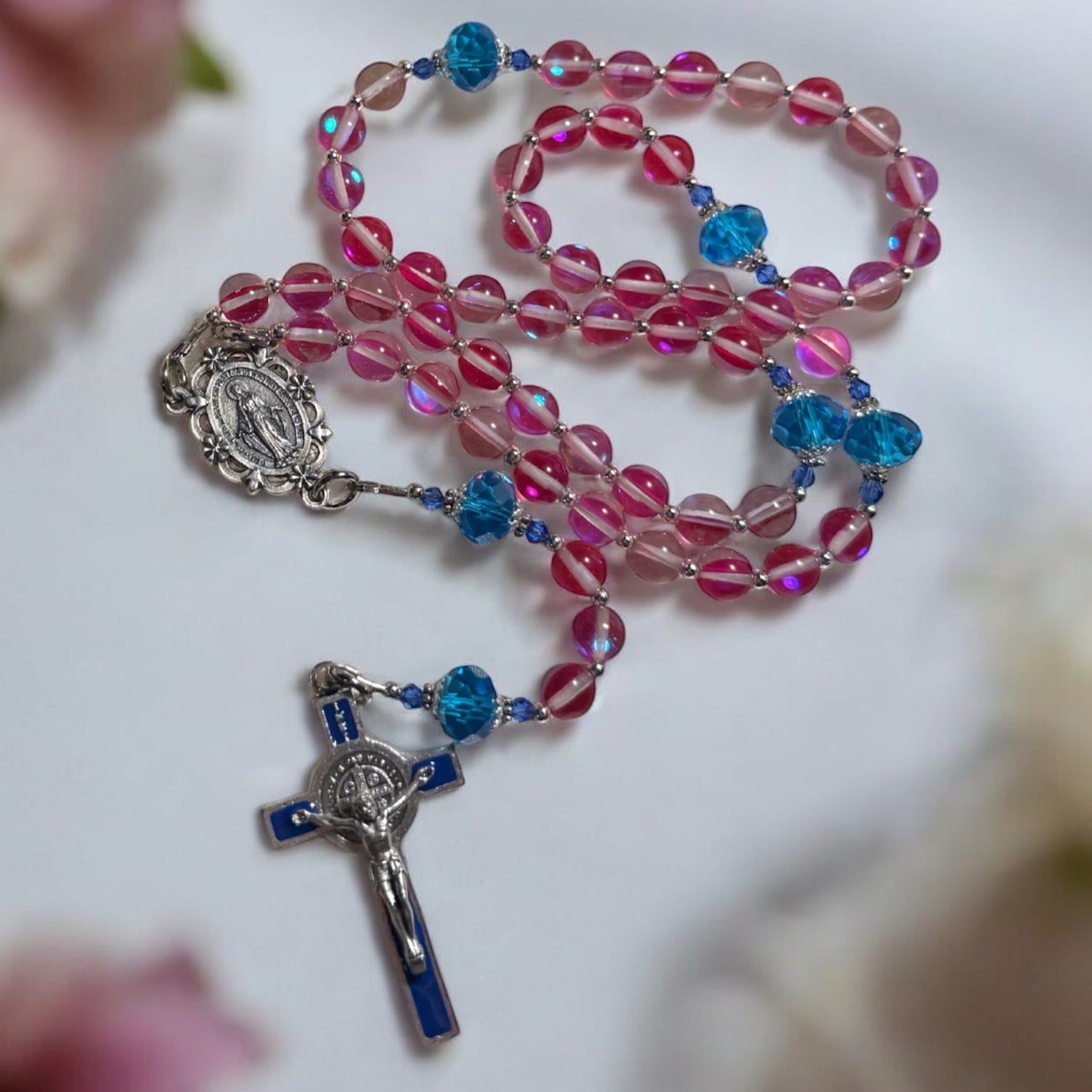Miraculous medal rosary- pink and blue