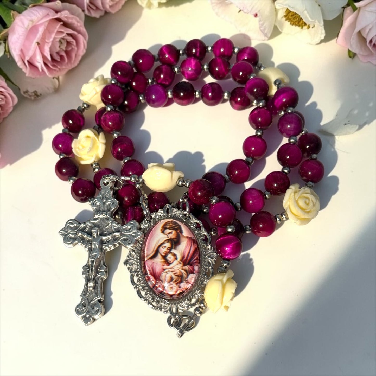 Holy Family Rosary ~ pink tiger eye beads