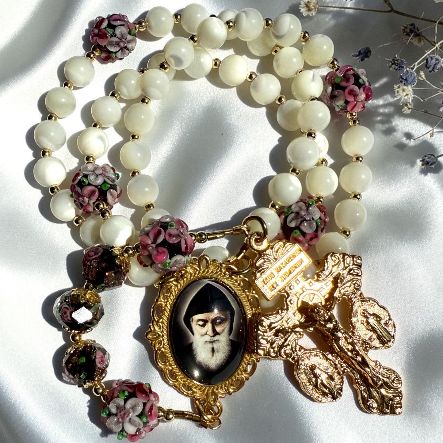 Saint Charbel Mother of Pearl Rosary