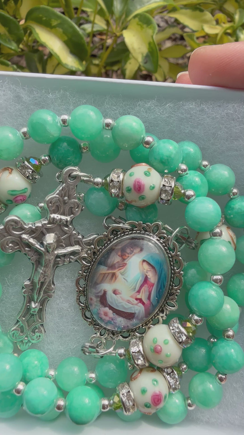Green quartz Holy Family rosary