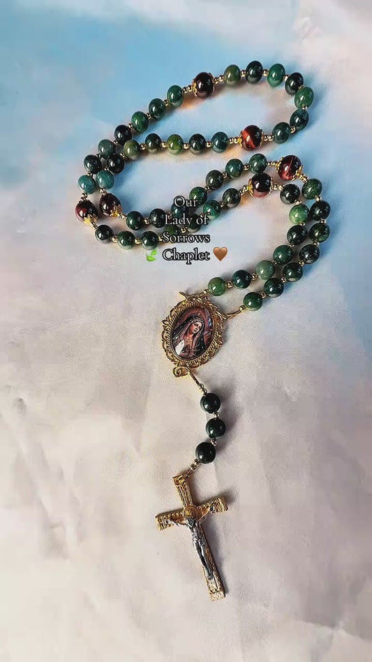 Green Our Lady of Sorrows Chaplet ~ moss & tiger eye beads
