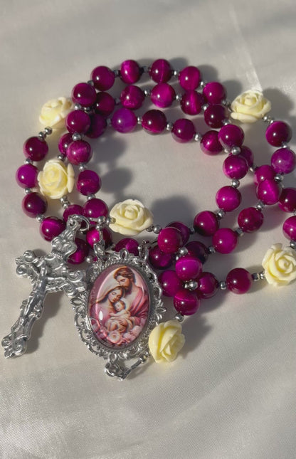 Holy Family Rosary ~ pink tiger eye beads